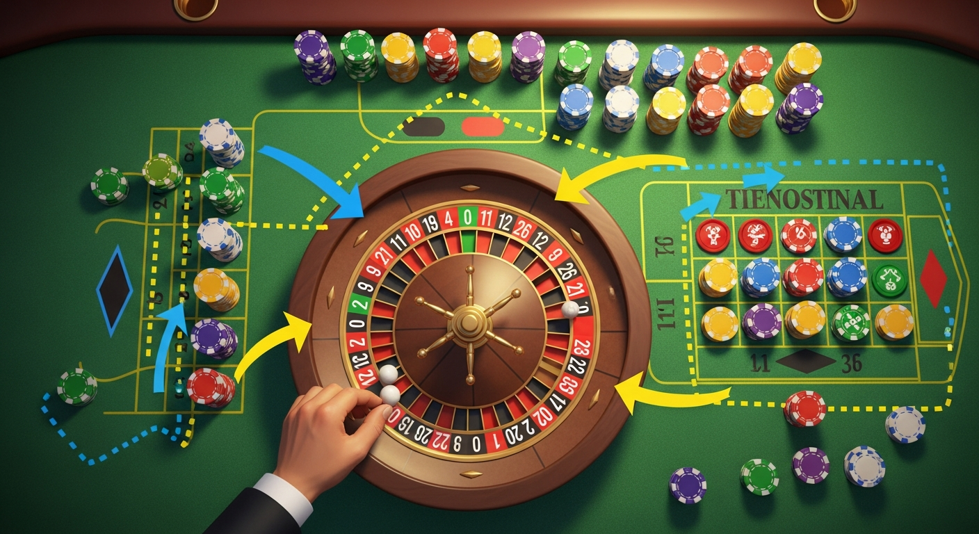 AI_IMAGE: A vibrant illustration showing a roulette wheel from above with a dealer hand placing a ball, surrounded by neatly arranged chips in different colors. Tutorial-style arrows and dotted lines indicate where to place bets. Warm casino lighting with green felt table. Educational and inviting mood. | digital-art | landscape
