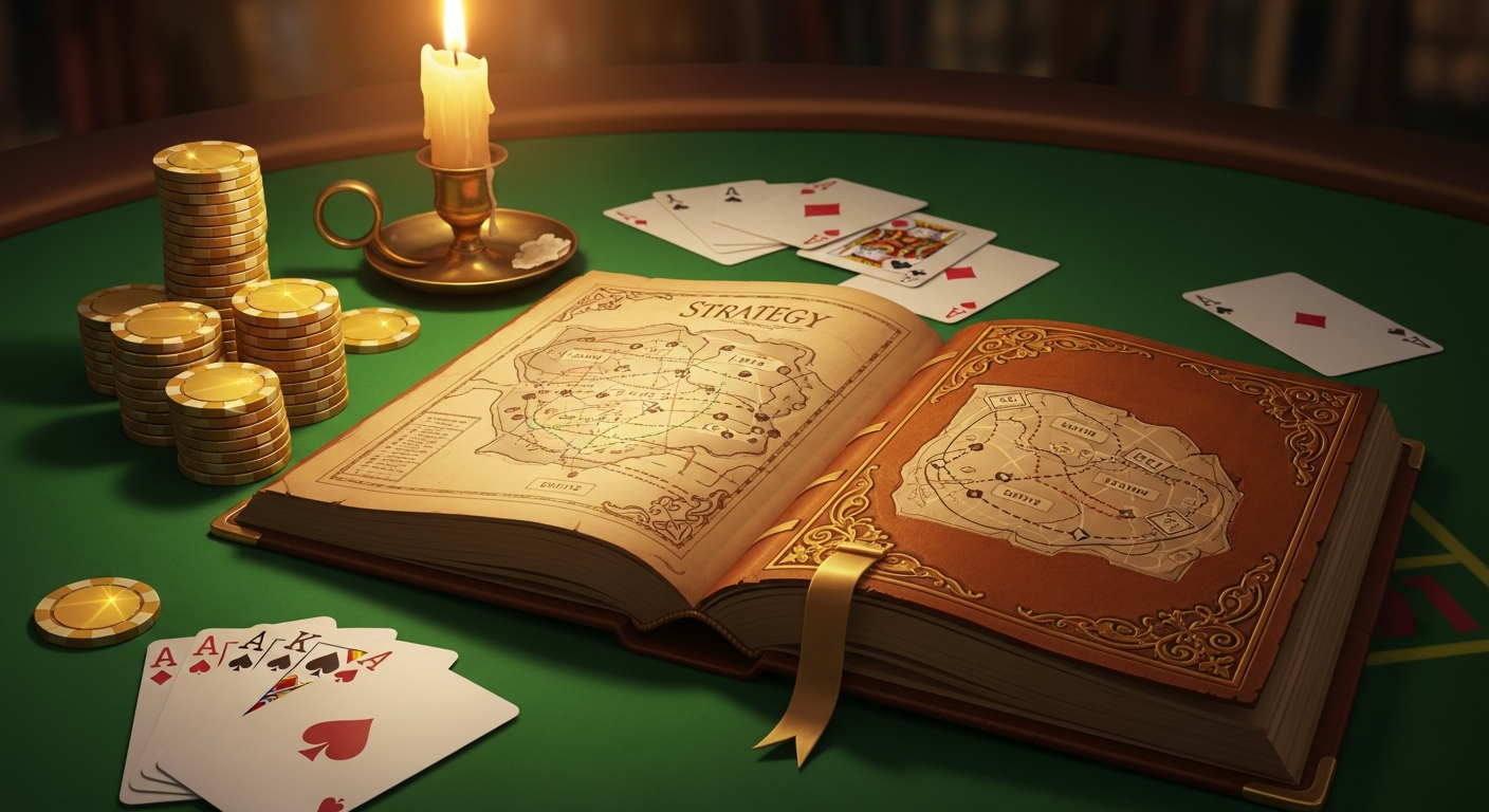 AI_IMAGE: A warm illustration of a leather-bound strategy book open on a green felt casino table, with golden chips stacked beside it, playing cards fanned out, and soft amber candlelight creating a cozy study atmosphere. Vintage map-style diagrams visible on the book pages showing betting strategies. Rich warm tones of green, gold, and brown. | digital-art | landscape