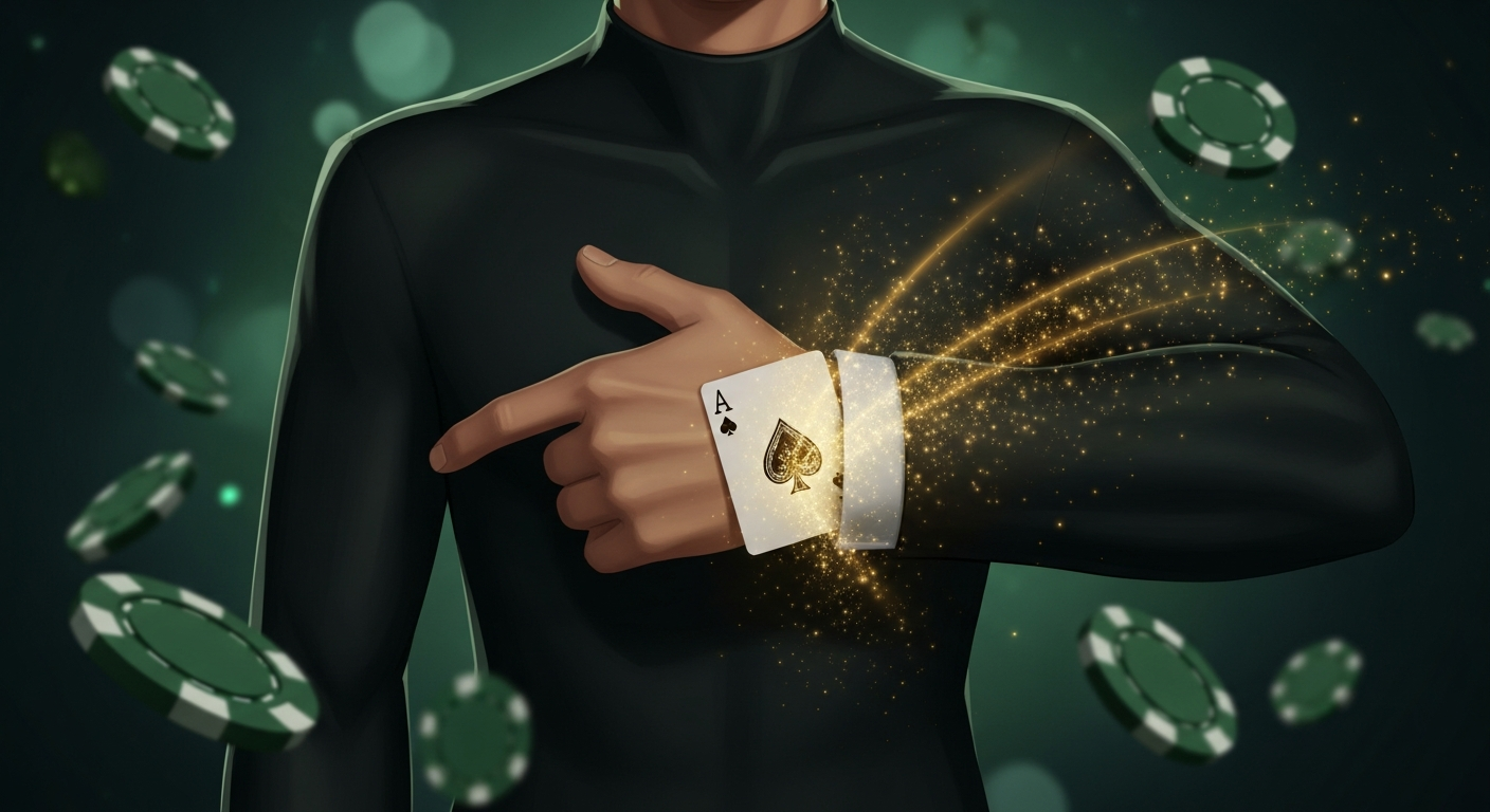 AI_IMAGE: A stylized illustration of a hand revealing a hidden ace card from a sleeve, with golden sparkles and light effects around it. Casino chips floating in the background with a dark green bokeh effect. The mood is mysterious and clever, suggesting insider tips and tricks. | digital-art | landscape